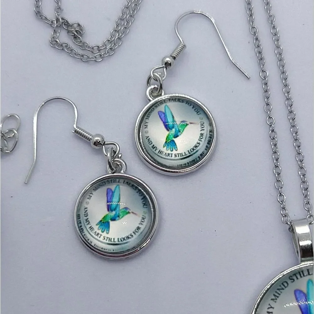 Hummingbird Memorial Jewelry Set Necklace Bracelet Earrings Sympathy Gift